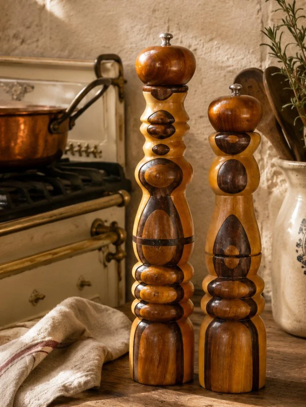Rare Vintage Signed Sculptural Handcrafted Artisan Wood Salt & Pepper Mill Set